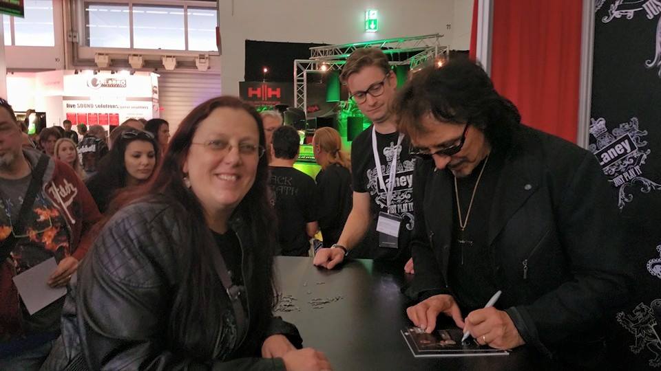 Tony at Frankfurt's Musik Messe on 17 April 2015, presenting his new Epiphone signatured SG and new Laney amp; with the die hard fan Lorraine Parker.  By Lorraine Parker
